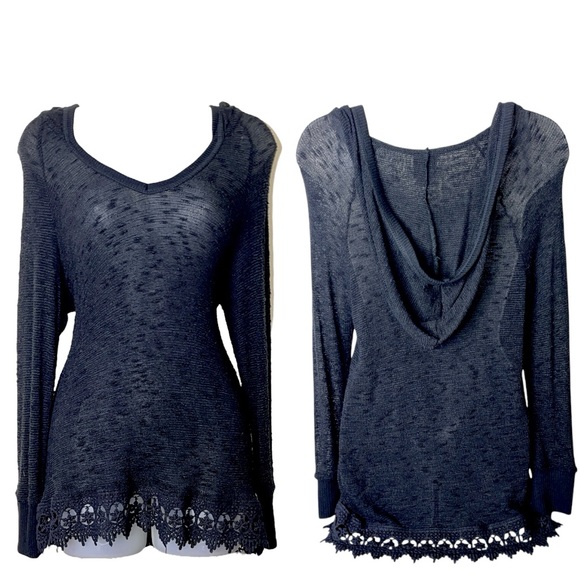 Y2K Bobeau Crochet Embroidered Cutout Lace Hem Knit Hooded Top Black M Goth Cozy - Picture 8 of 14